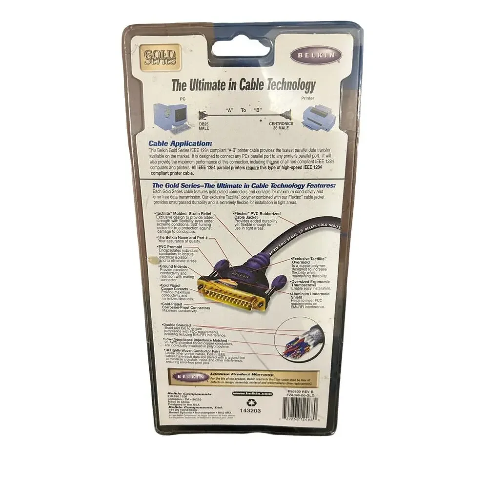 Vintage Printer Cable Gold Series IEEE 1284 6' PC Compatible